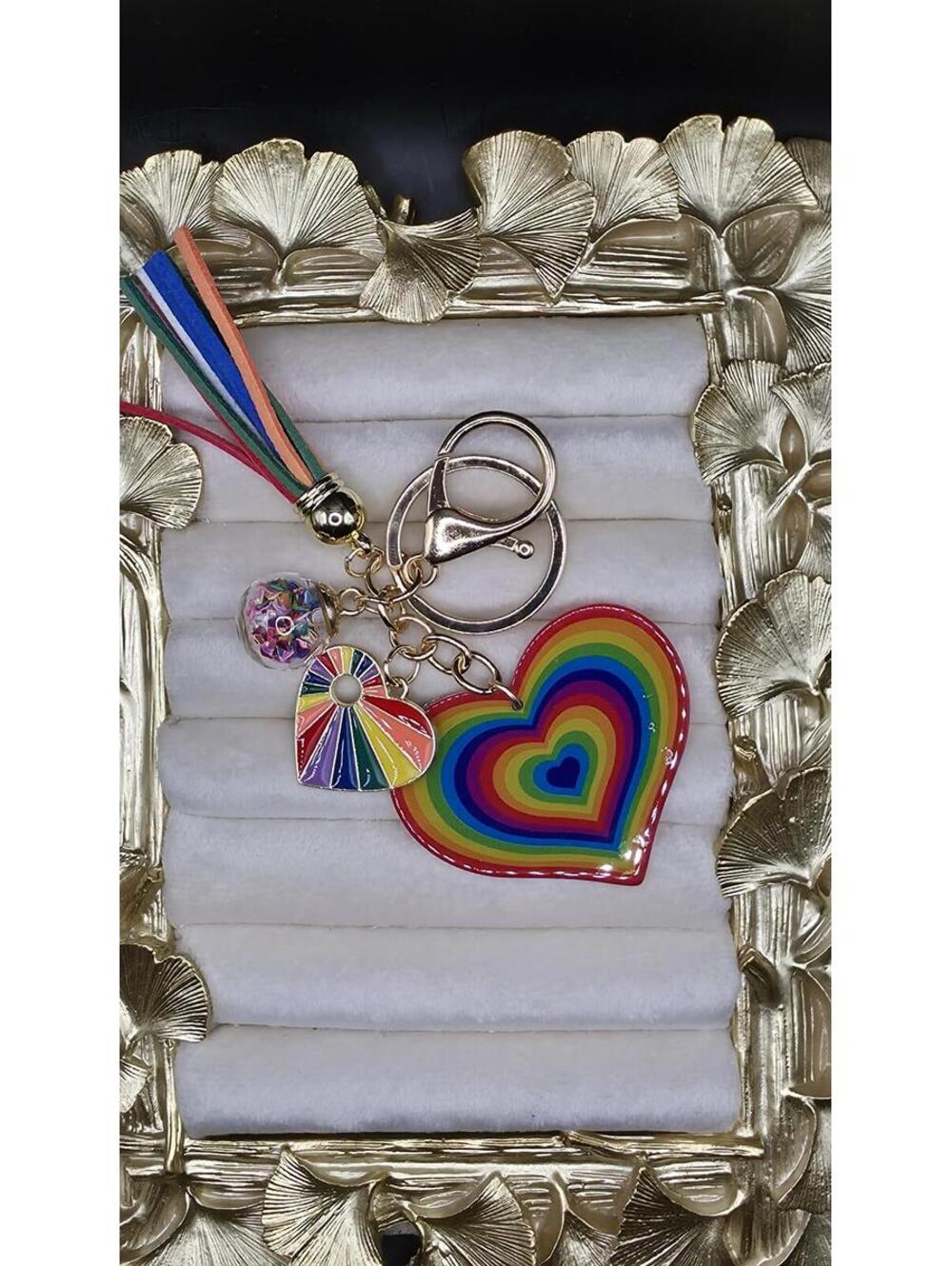 Rainbow Heart Keychain with Tassel and Confetti Charm